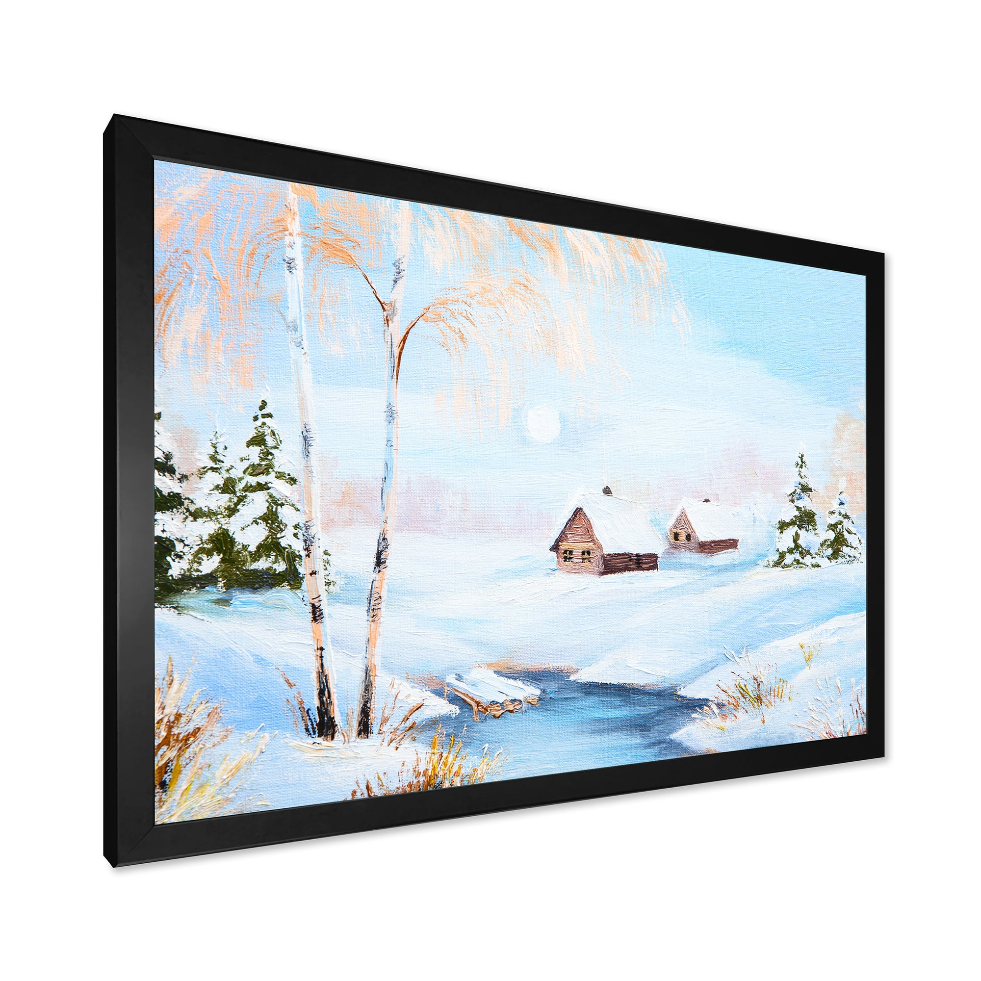 Designart 'Frozen River In The Forest Winter Landscape' Lake House Framed Art Print