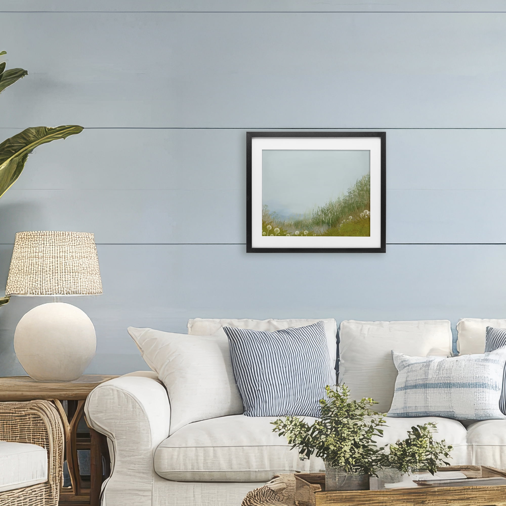 Misty Meadow Hill Black Framed Print Under Glass, design by Renel Peters