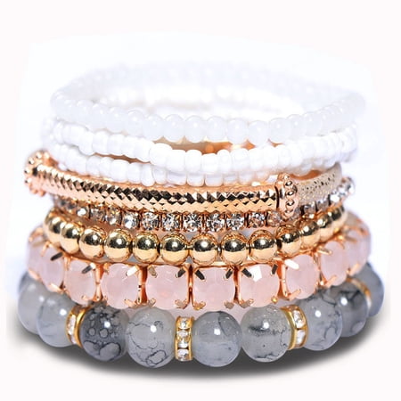 Nvzi -b Bohemian Stackable Bead Bracelets for Women Multicolor Stretch Beaded Bracelets Layered Bead Adjustable Bracelet Stretch Bracelets(White)