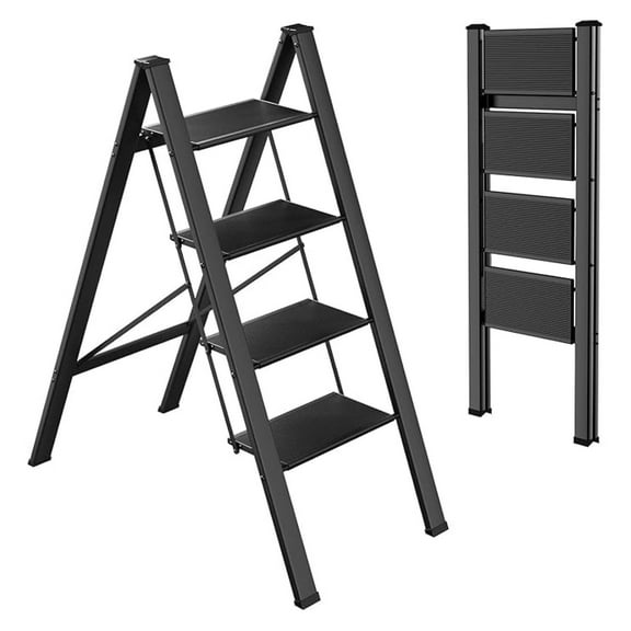 4 Step Folding, Aluminum , Portable Step Stool with Anti-Slip Wide Pedal, 330LBS Capacity, Lightweight Stepladder for Kitchen, Office, Home, Garage (Black)