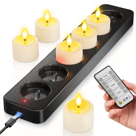 SoulBay Rechargeable Flameless Candles with Remote Timer & Charging Base, Small LED Tea Lights Candles Battery Operated, Electric Fake Flickering Votive Candles for Home Table Wedding Decor (6 Pack)