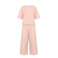 thumbnail image 5 of JUNWELL Femmes 2 Pièce Lin Salon Ensemble Casual Baggy Solide Col Rond Manches Courtes Tops Large Jambe Pantalons Tenues Survêtements, 5 of 5