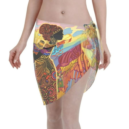 Qekee Beautiful African Woman Women s Short Sarongs Cover Ups Sheer Bikini Wraps for Swimwear