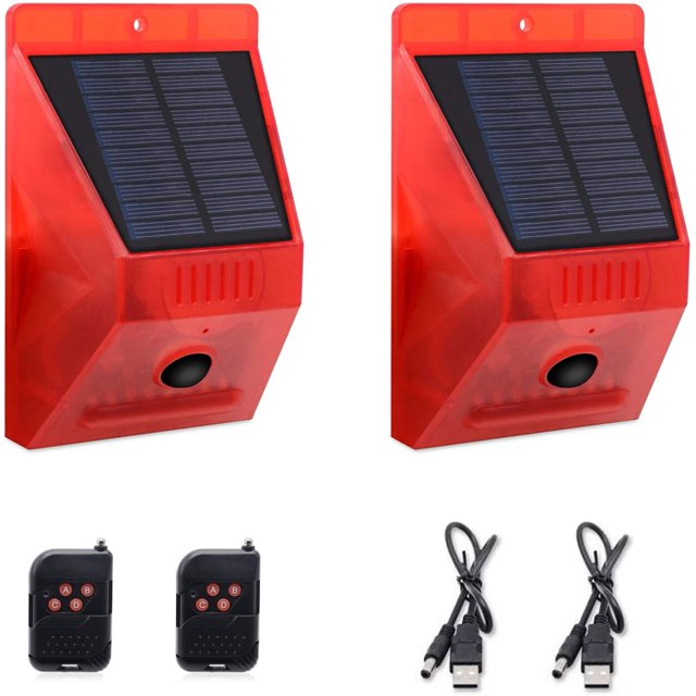 Luz estroboscópica solar con control remoto Sensor de movimiento Luz de alarma exterior 129 dB Sirena de seguridad de sonido IP65 Protección impermeable para su familia, villa, granja y patio, 2 pieza