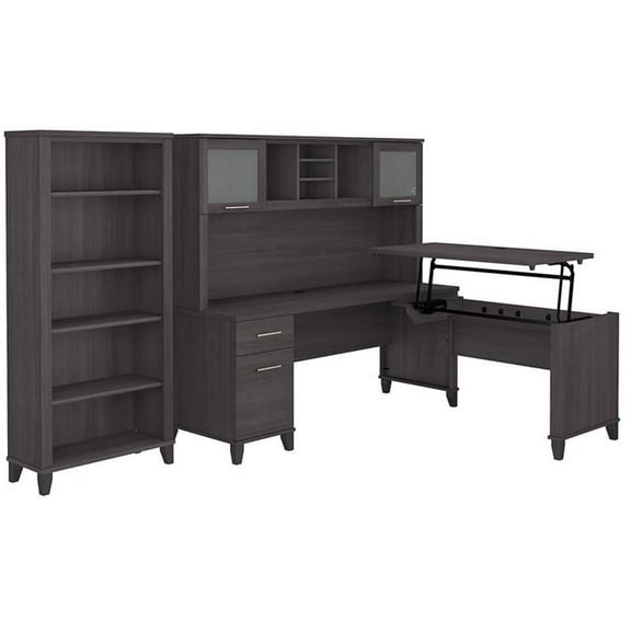 Pemberly Row Sit to St& L Desk Set with Bookcase in Storm Gray - Engineered Wood