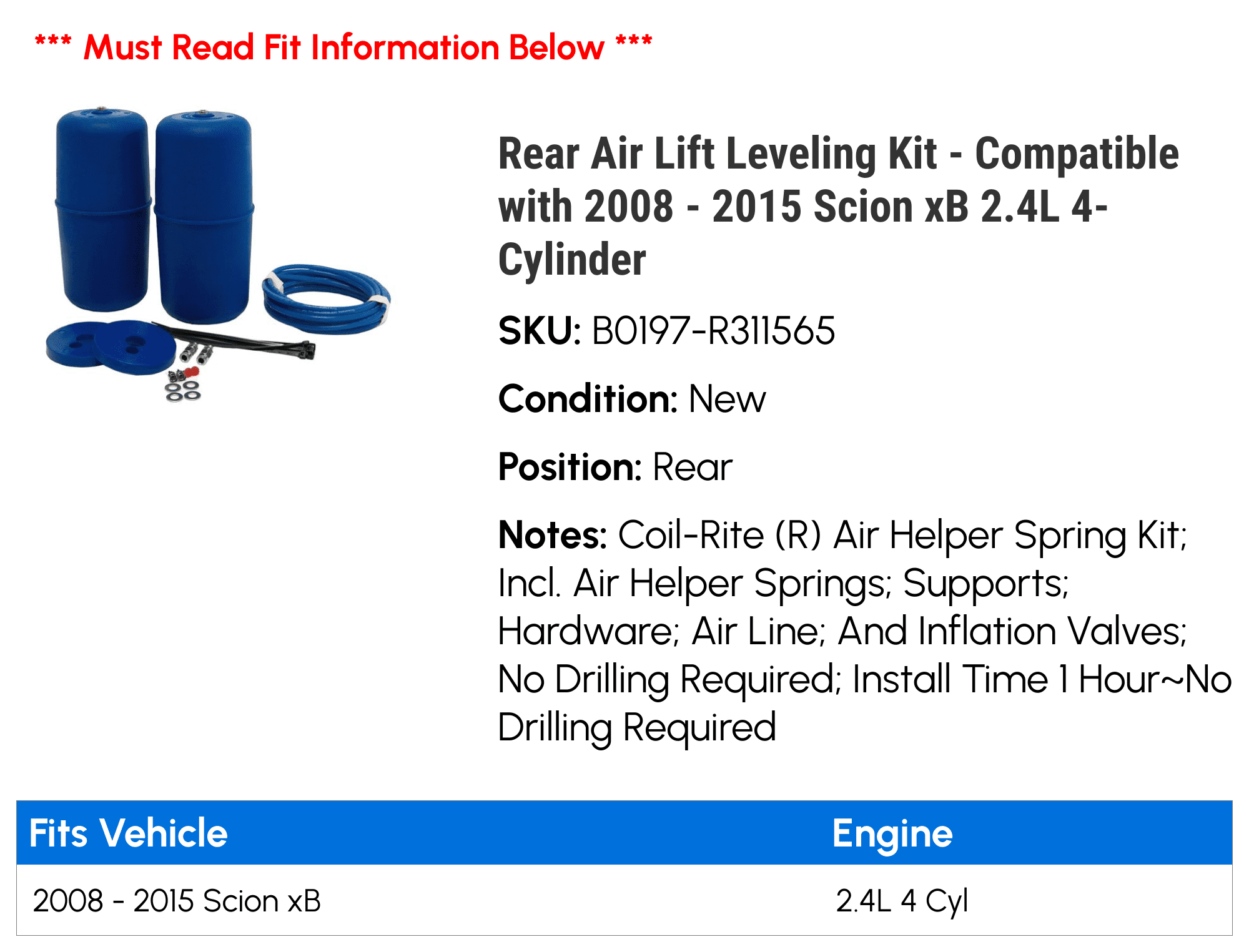 Rear Air Lift Leveling Kit - Compatible with 2008 - 2015 Scion xB 2.4L 4-Cylinder 2009 2010 2011 2012 2013 2014