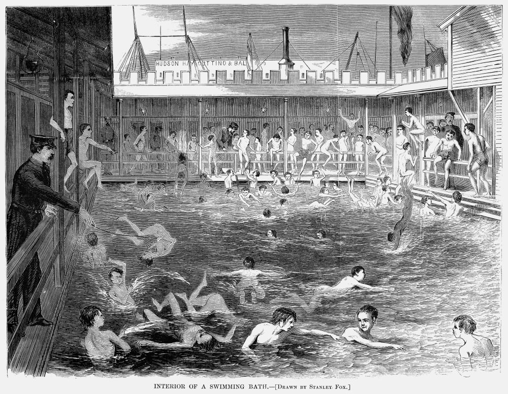 Swimming, 1870. /N'Interior Of A Swimming Bath.' Wood Engraving