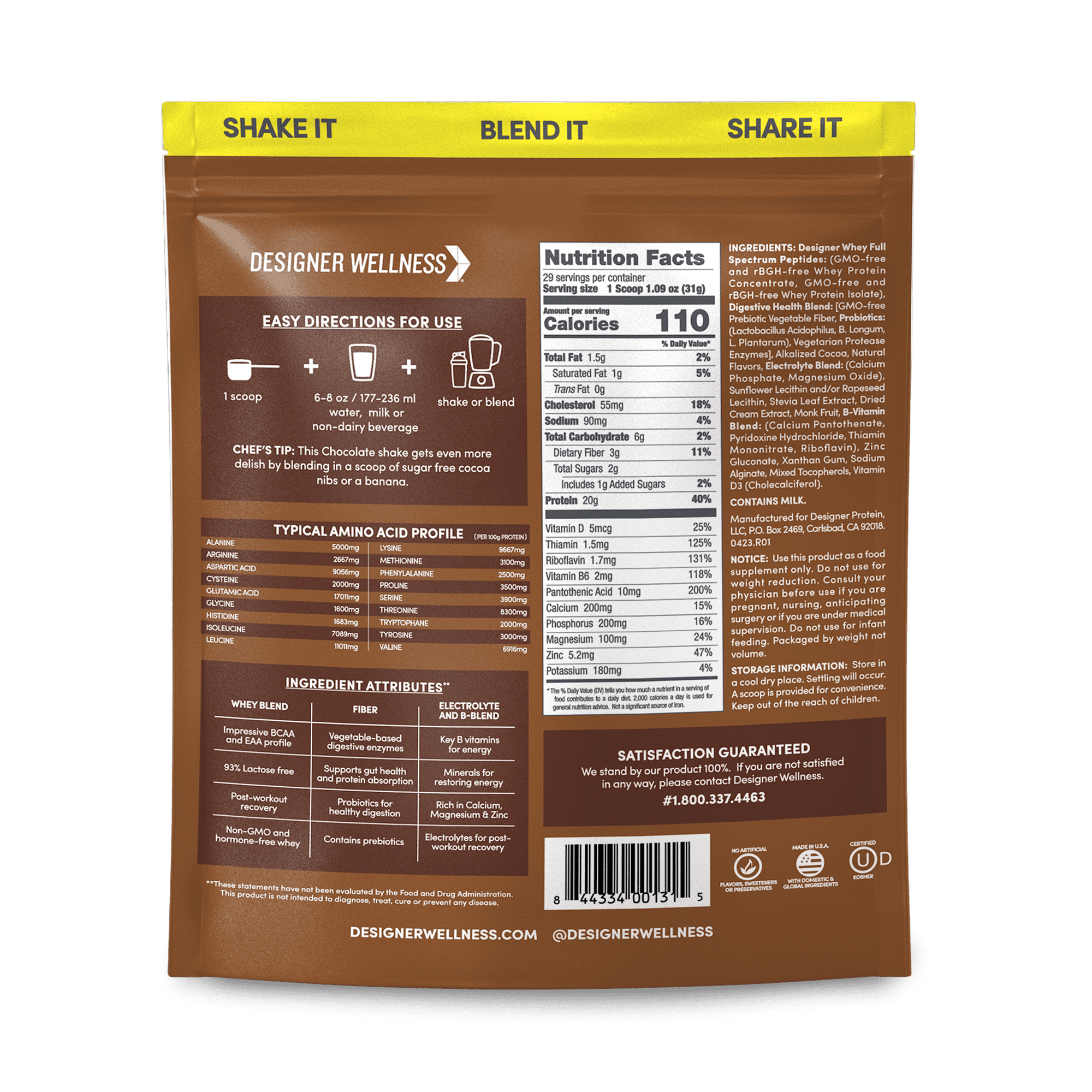 Designer Wellness, Designer Whey, Natural 100% Whey Protein Powder with Probiotics, Fiber, and Key B-Vitamins for Energy, Gluten-free, Non-GMO, Gourmet Chocolate, 2 lb