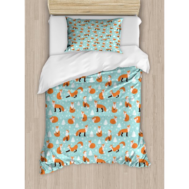 Fox Duvet Cover Set, Winter Themed Repetitive Pattern of Wild Animal