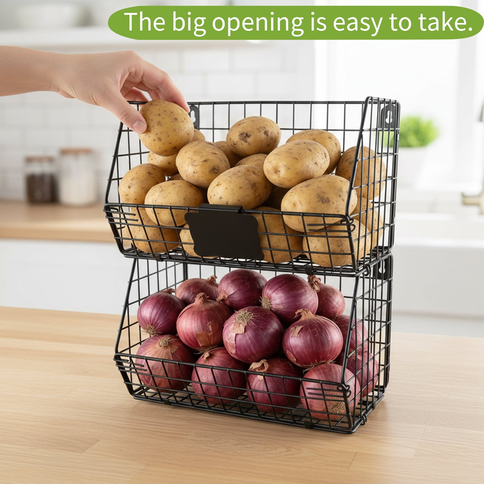 Pethiy 2-Piece Metal Wire  Onions & Potatoes Storage Baskets, Multi-Use Stackable Wall-Mount Produce Storage Set with Custom Labels