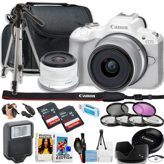 Canon EOS R50 Mirrorless Camera with 18-45mm Lens   128GB Memory, Filters, Case, Tripod, Flash, Software, and More (18pc Bundle) (White)