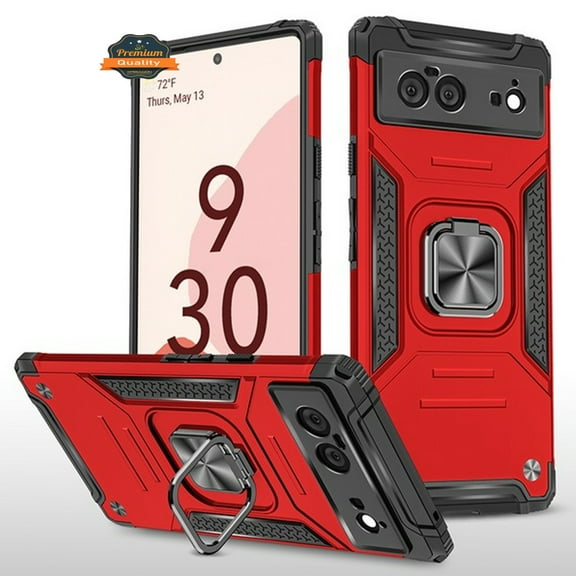 For Google Pixel 6 Hybrid Dual Layer TPU and Hard PC Anti-Slip Full-Body Rugged Protective with Ring Stand Magnetic Kickstand Phone Case Cover by Xpression [Red]