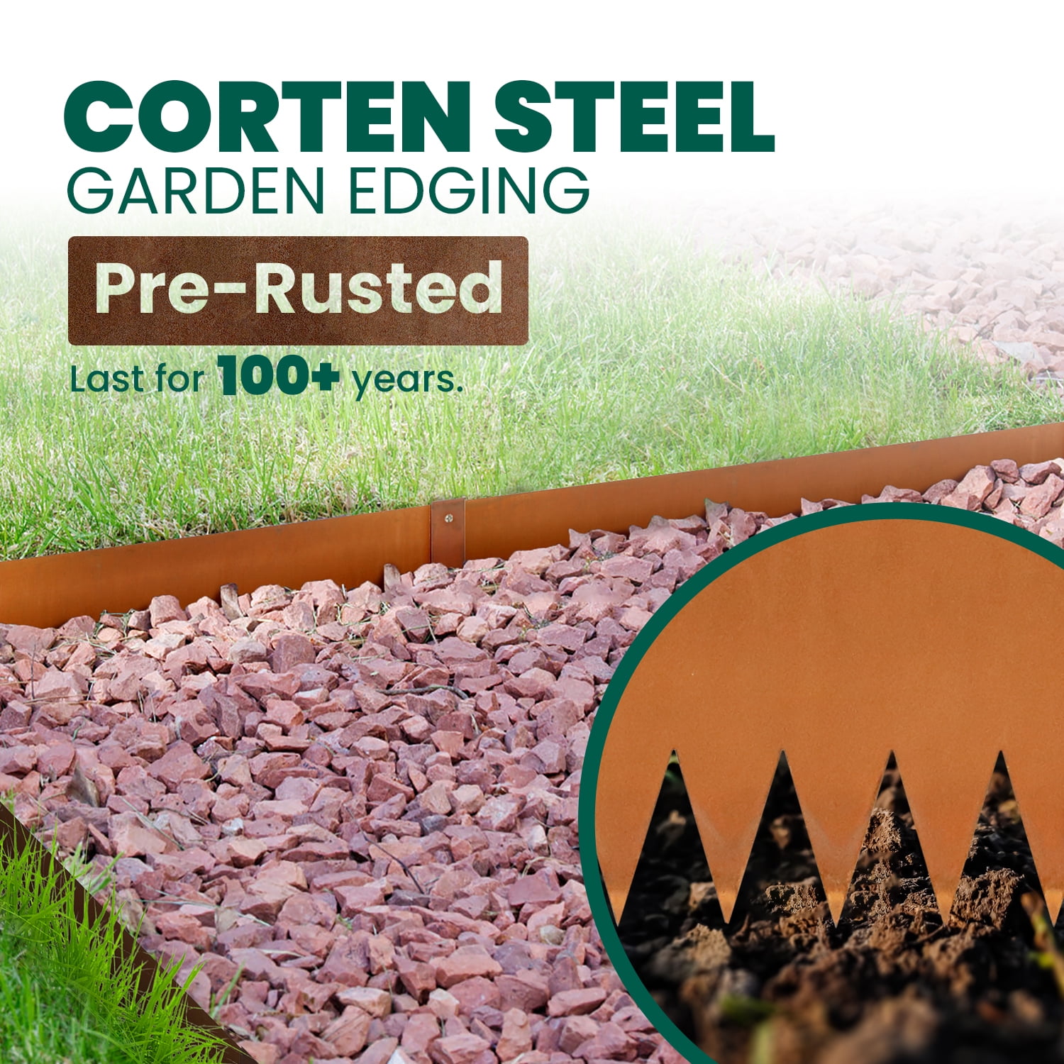 20FT Corten Steel Garden Edging, 8" Rusted Iron - Bendable Landscape Border for Flower Beds, Lawn/Yard, Hammer-in Design