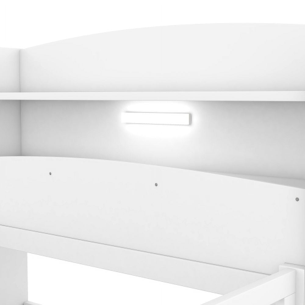 HICOMILA Twin Size Bed with Safety Guardrails and Storage Headboard, Wood Platform Bed Frame with Shelves and Built-in LED Light, White