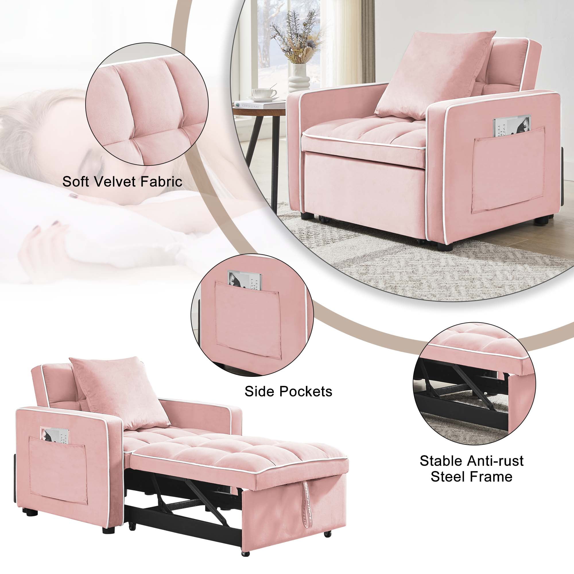 Aukfa Sleeper Chair Bed, Convertible Pull Out Sofa Bed for Living Room Apartment, Pink