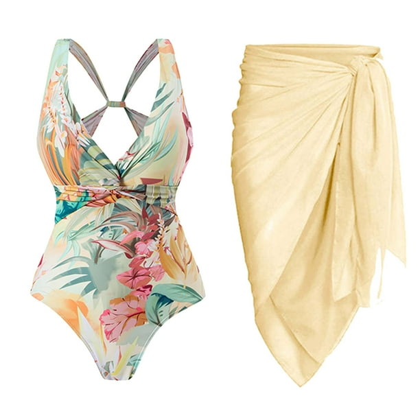 Gibobby Trajes de baño mujer una pieza Traje de baño de 1 pieza para mujer + 1 pieza para cubrirse Traje de baño de dos piezas con estampado vintage Mono(Amarillo,G)