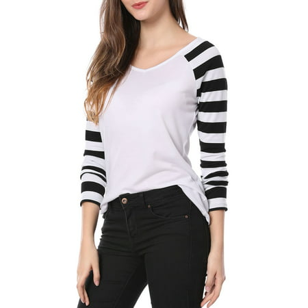 Women Long V Neck Raglan Sleeves Striped Tee Shirt Blouse Tops White Black L (US