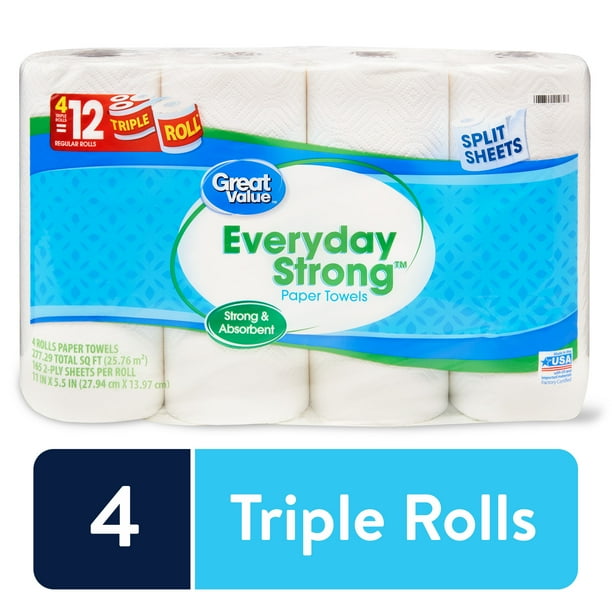 Great Value Everyday Strong Paper Towels, Split Sheets, 4 Triple Rolls