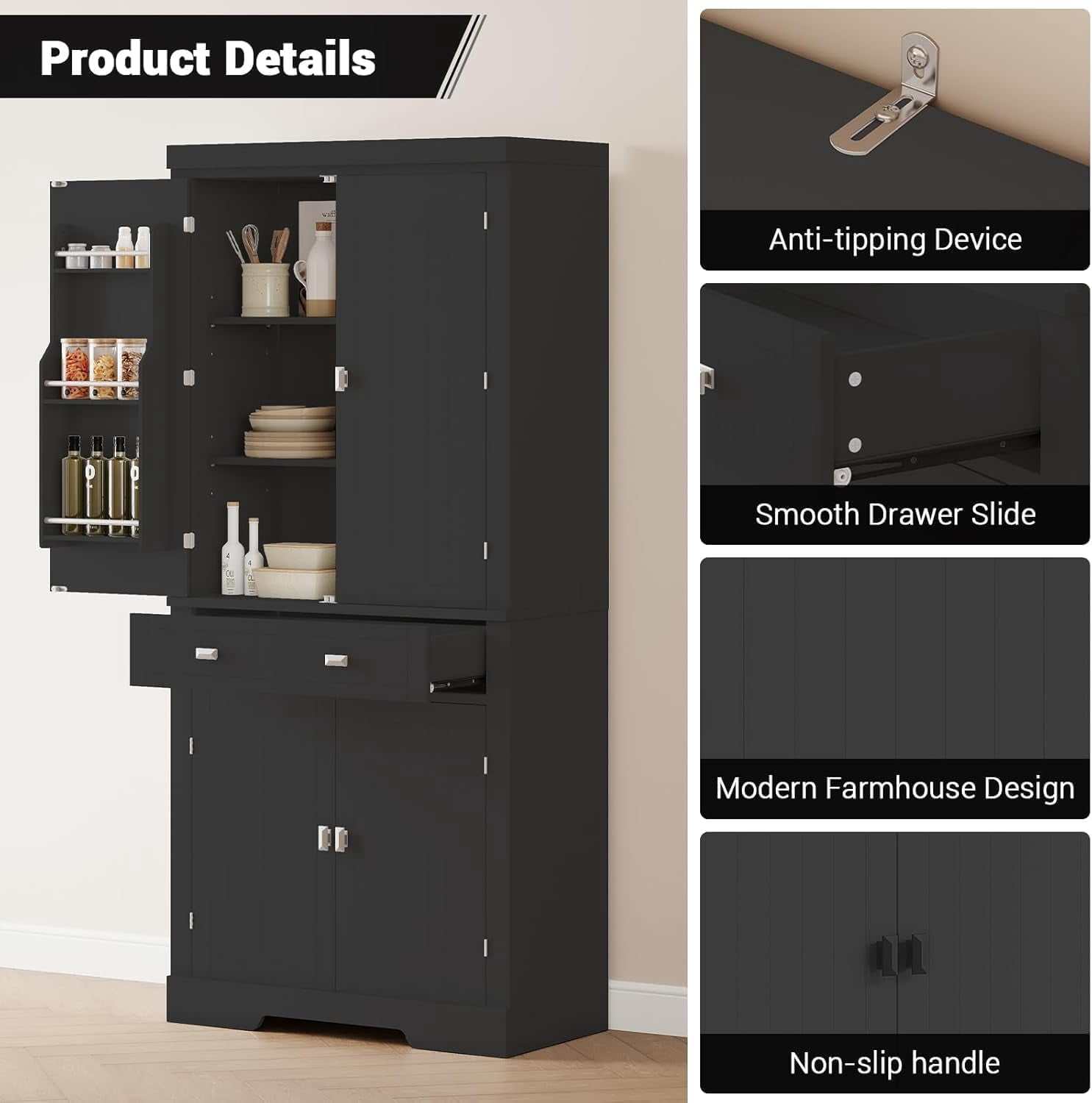 Yeshouse 71.7 Inch Kitchen Pantry Cabinet,Freestanding High Cupboard Bathroom Storage Cabinet with 2 Drawer & Cabinets, 3 Adjustable Shelves, 6 Door Shelves,for Living Room, Kitchen