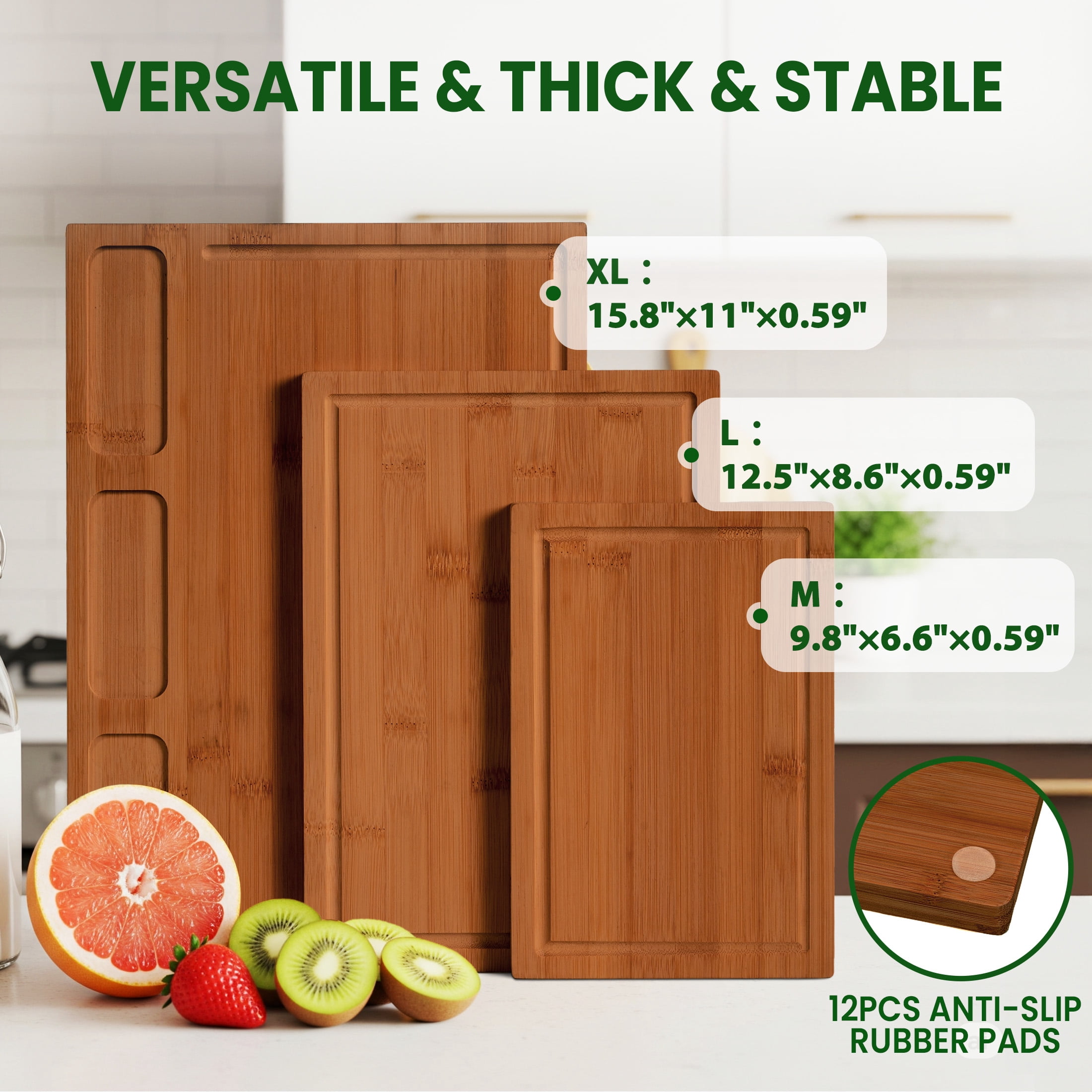 Kikcoin Cutting Board, 3-Piece Extra Large Bamboo Chopping Boards for Kitchen, Heavy Duty Wooden Serving Tray with Juice Groove, Brown