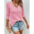 thumbnail image 3 of Women'S Long Sleeve Waffle Knit Shirts Dressy Casual Loose Button Up V Neck Henley Tops Fall Basic Tee Blouse Pink XXL, 3 of 5