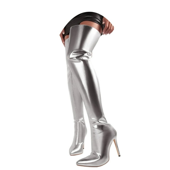 Women's Metallic Over The Knee Boots Pointed Toe High Heels Thigh High Stilettos Boots