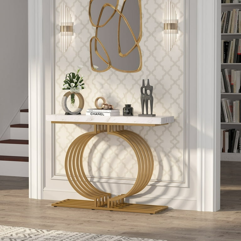 Tribesigns Modern Console Sofa Table Narrow Accent Entryway Hallway Table Faux Marble White Gold