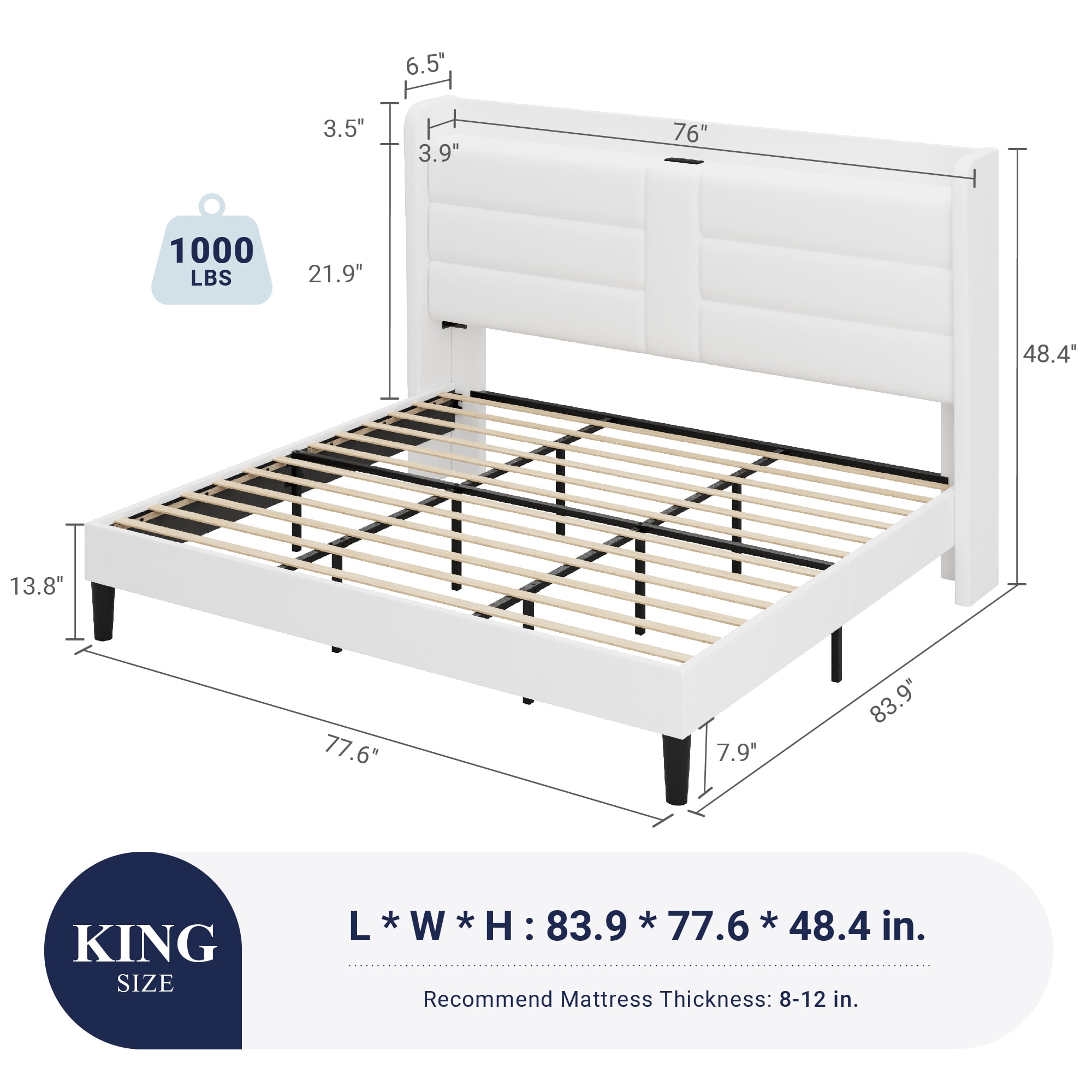 Allewie King Size Bed Frame with Charging Station, Upholstered Velvet Wingback Design & USB Port, No Box Spring Needed, White