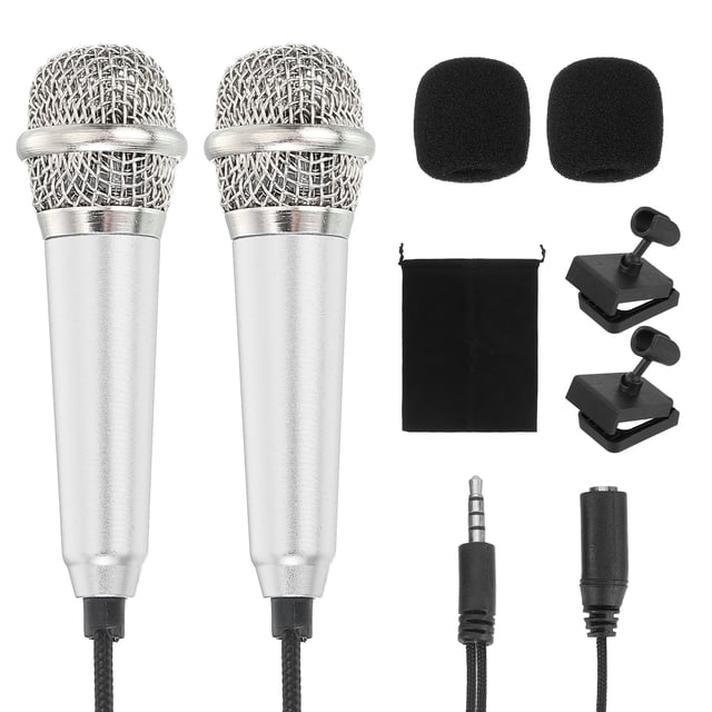 2Pcs Mini Microphone, Tiny Microphone with Sponge Cover, Holder and Drawstring Bag Portable(Silver)