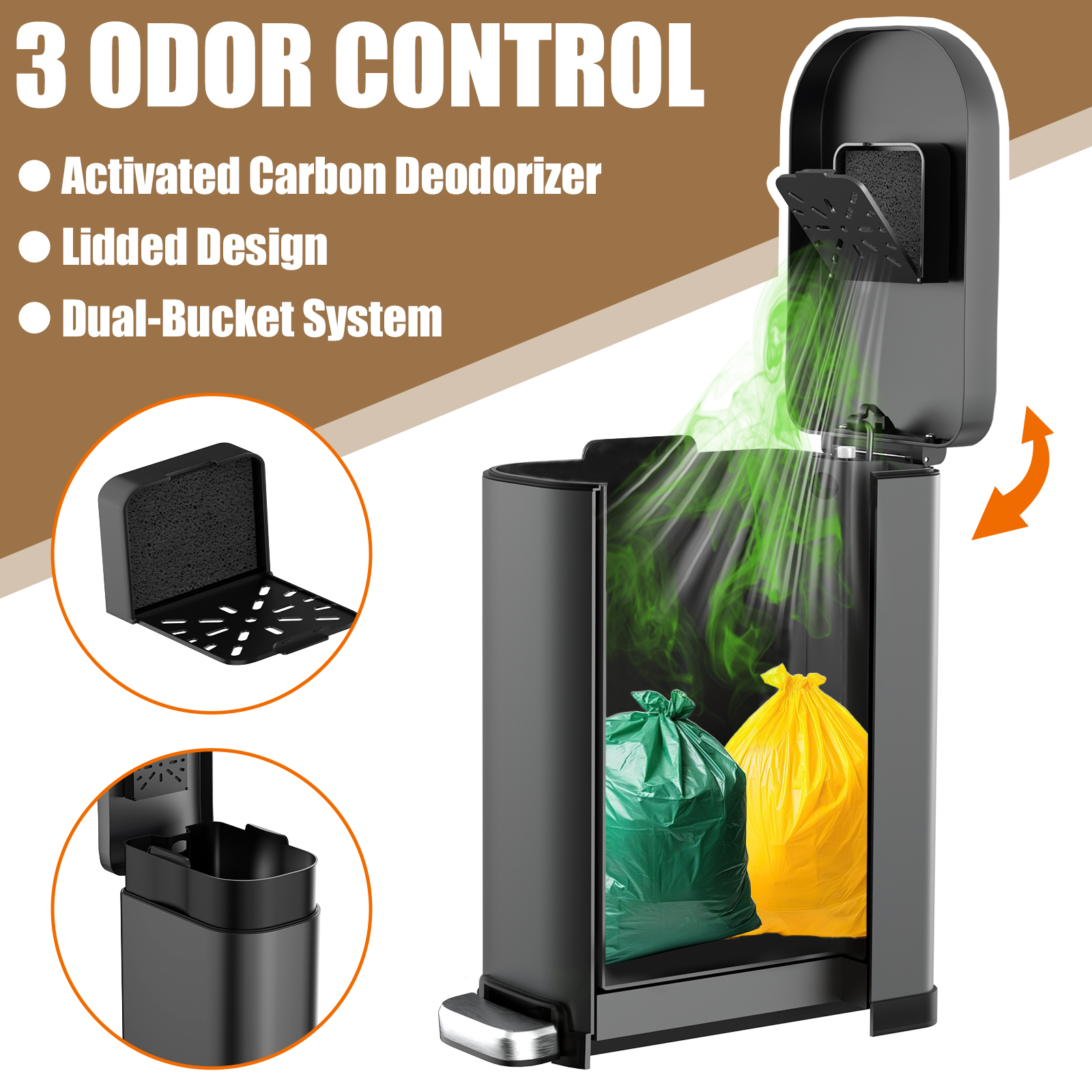 organizelink Dog Poop Trash Can Outside with Odor Control Lid & Step Pedal, 3.2Gal Stainless Steel Outdoor Trash Can, Waterproof Dog Waste Container - Includes 3 Carbon Filters & Bin Bag Holder