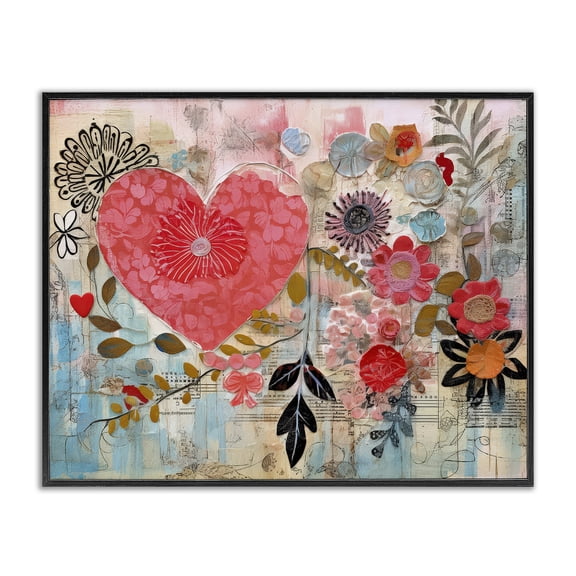 Stupell Industries Transitional Playful Heart & Flowers Black Framed Giclee Art, 14 x 11, by LSR Design Studio