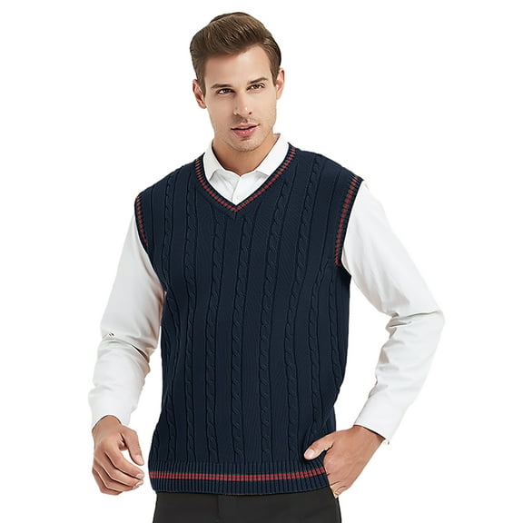 Toptie Men's V-Neck Cotton Twist Knit Sweater Vest Green and Red Trim Sleeveless Pullover