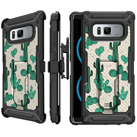Galaxy Note 8 Rugged Protection Case [UFO DEFENSE] Note 8 Case w/ Carbon Fiber Texture Hard Shell Case [Built-In Kickstand][BONUS Belt Clip Included] - Cute Green Cactus