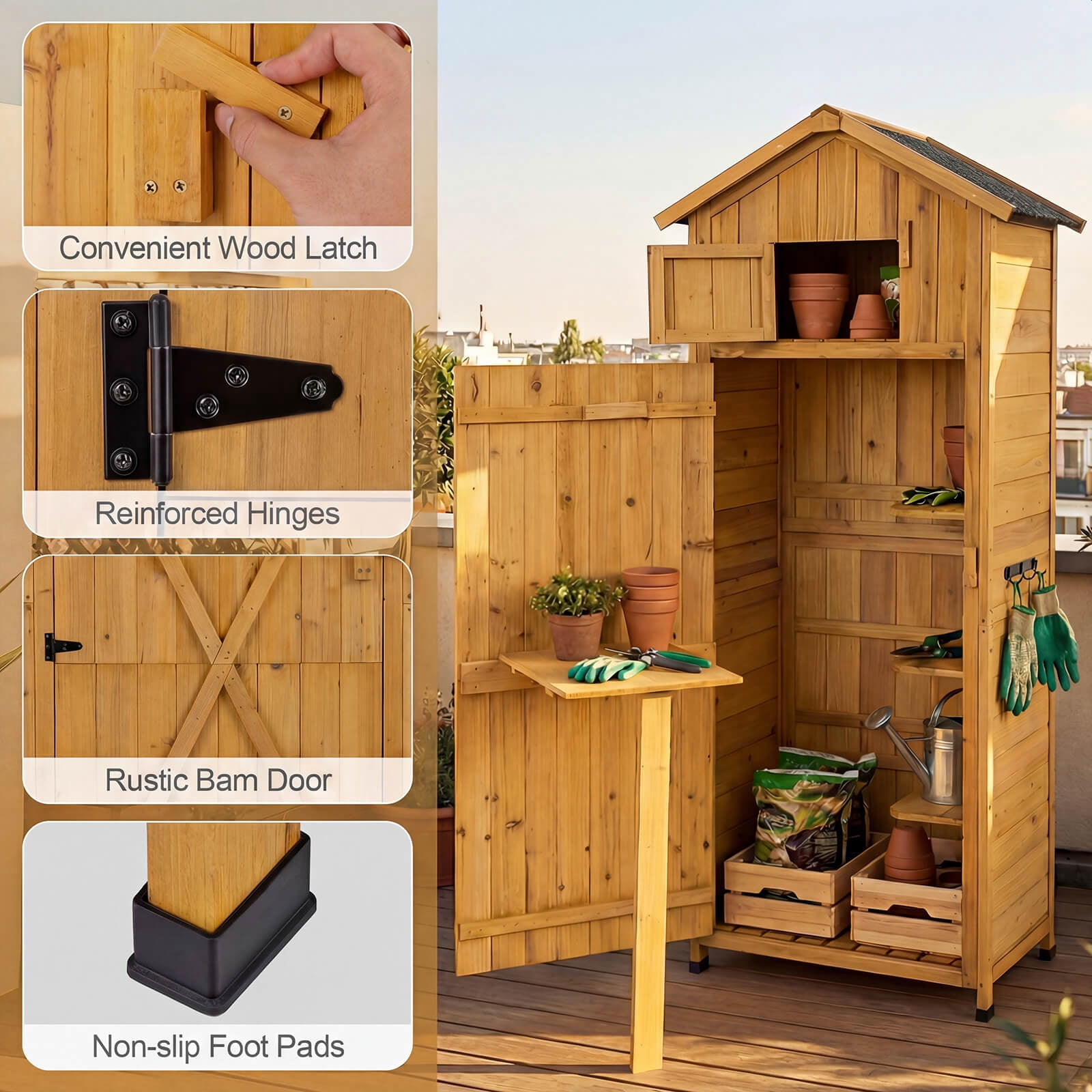 Costway Outdoor Lockable Wooden Storage Shed with Shelves, 71"x29.5"x20", Natural
