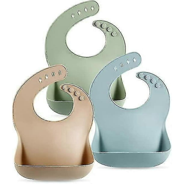 Set Of 3 Cute Silicone Baby Bibs For Babies & Toddlers (10-72 Months) Waterproof, Soft, Unisex, Non Messy (brown/blue/green)