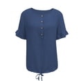 thumbnail image 5 of ClodeEU Women's Crew Neck Short Sleeve Henley Blouse,Casual Solid Color Linen Blend Top Navy,Women's Plus S, 5 of 8