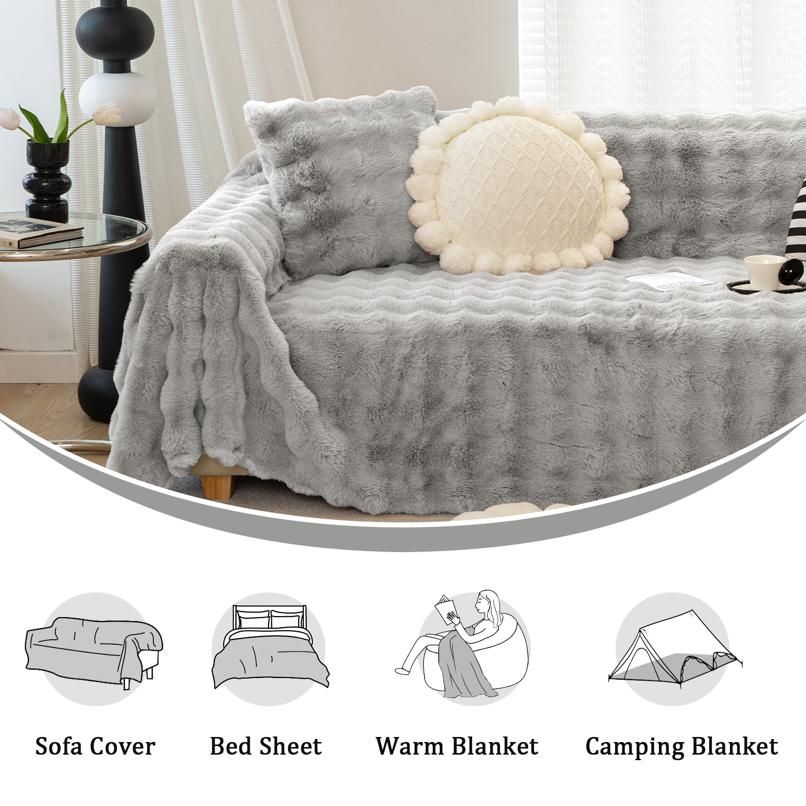 WOOW DEPOT Warm Faux Rabbit Fur Sofa Cover Machine Washable, Thick Throw Blanket L Shape Slipcover for 2 - 3 Cushion Couch, Light Gray 71"x118"