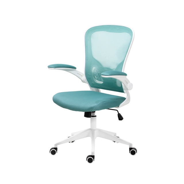 silla ejecutiva vest mundo in muebles azul Vista 3/4 frontal de la silla ejecutiva Vest en mesh azul con respaldo y asiento ventilados, marco y base blanca de nylon con cinco ruedas, apoyabrazos de polipropileno acolchados, pistón ajustable BIFMA 100 mm y palanca de reclinado visible; también suele usarse como silla de escritorio para trabajo remoto.