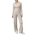 thumbnail image 2 of Women 2 Piece Lounge Matching Set Wide Leg Sweatpant Half Zip Long Sleeves V-Neck Sweatshirt Khaki S, 2 of 6