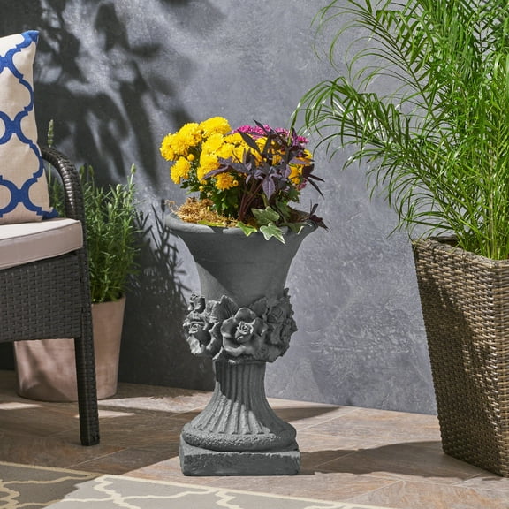 Capri Chalice Outdoor Roman Botanical Light weight Concrete Garden Urn Planter, Antique Gray