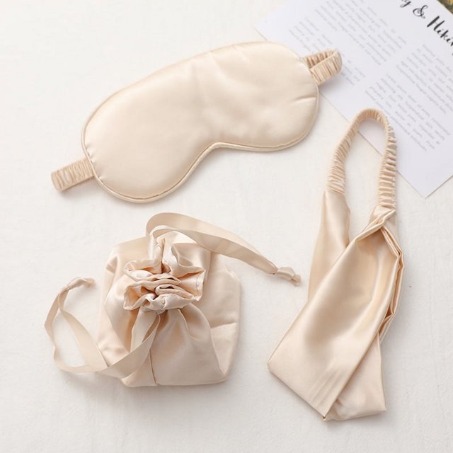 Banda para el cabello con máscara de seda artificial, bolsa de tela, máscara de ojos de almacenamiento de tres piezas, máscara de ojos para dormir, regalo