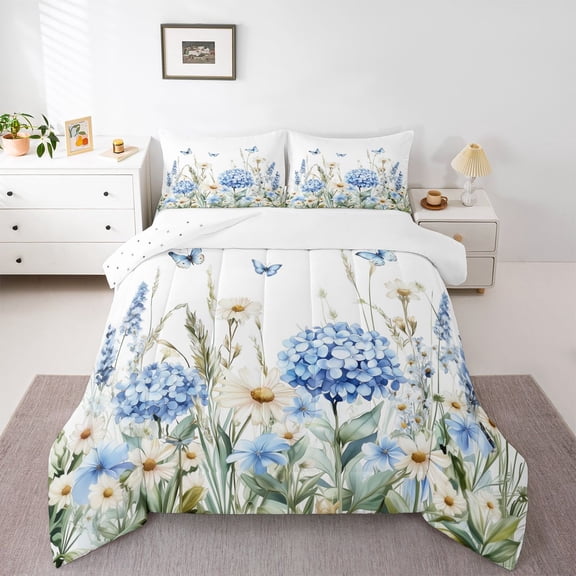Erosebridal Flying Blue Butterflies Full Size Comforter Sets 3 Pieces For Girls,Teens Floral Daisy Flowers Bedding Sets,Super Cozy Room Decor