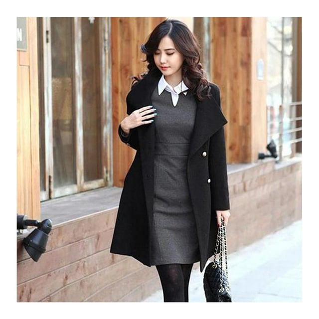Winter Pea Coat Felt Long Jacket for Women Single Breasted Stand Collar S-L