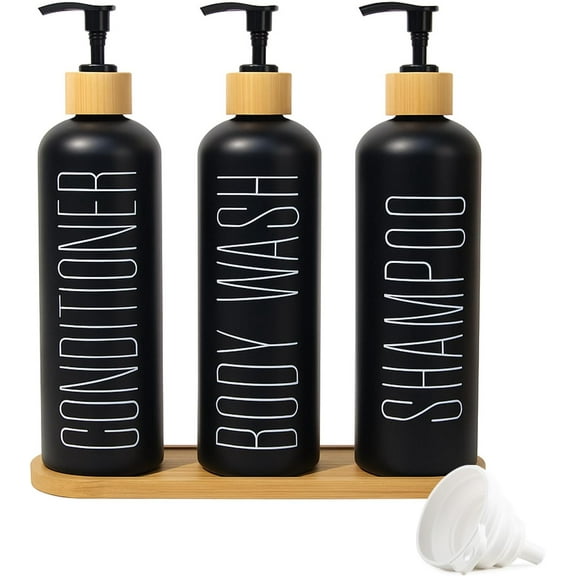 3-Pack 16oz Refillable Glass Shower Dispenser Set with Bamboo Pump, Tray, and Funnel for Shampoo, Conditioner, and Body Wash – Perfect for Bathroom and Guest Rooms(Black)