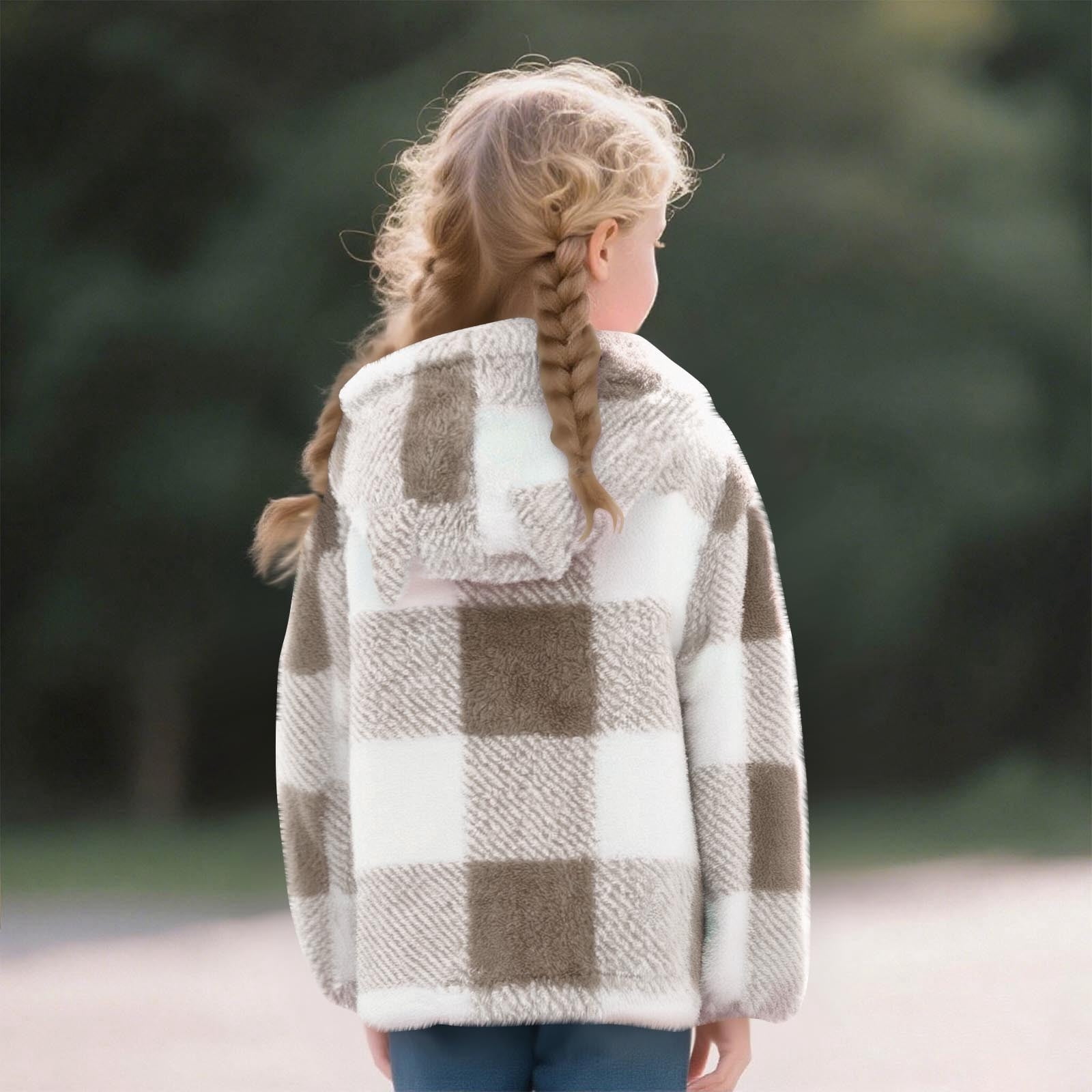 Xdegoge Girls Fleece Sherpa Jacket Plaid Fuzzy Zip Up Long Sleeve Hoodie Teen Thermal Loose Cozy Hooded Coats Tween 2025 Winter Thick Warm Outerwear With Pockets Age 8-14 Years