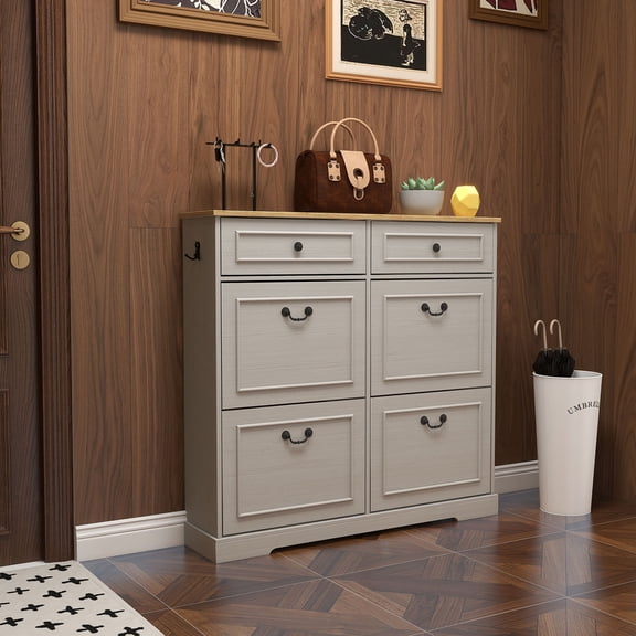 S-HOME Antique White Shoe Storage Cabinet with Adjustable Shelves and 4 Drawer for Stylish Organizing