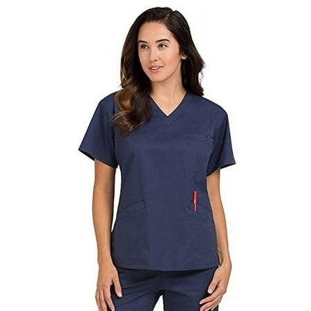 med couture women's v-neck signature 3 pocket scrub top, new navy, medium