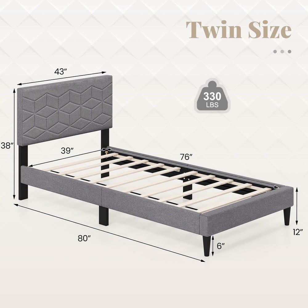 Barara King Twin Size Bedroom Bed Frame with Linen Fabric Upholstered Headboard, Bed Platform Frame for Apartment, Bedroom, Gray