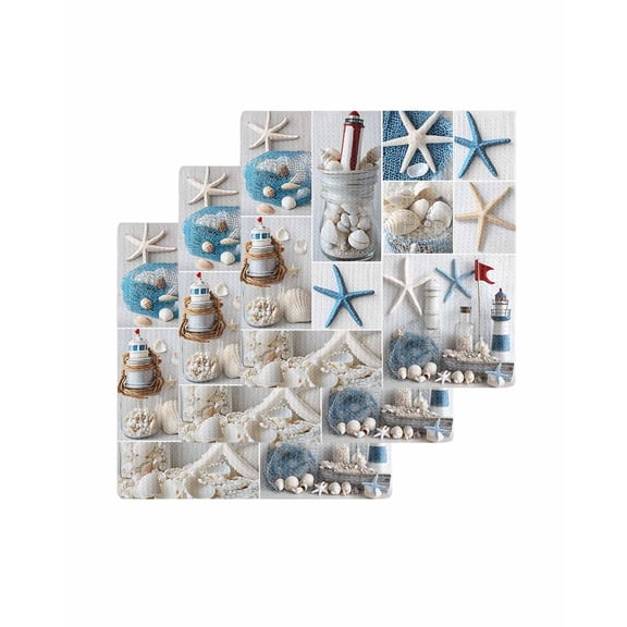 Starfish Kitchen Dish Towels for Drying Dishes Set of 3, Ocean Shell Coastal Nautical Flag Light-house Waffle Weave Microfiber Terry Hand Tea Bathroom Towels Quick Dry & Absorbent Towel 12x12