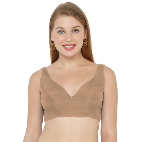 eloria Women's Art Silk Blouse Solid V Neck Sleeveless Top Sari Accessories Color: Tan | Size: 40